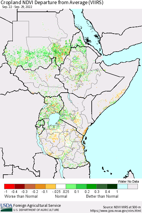 Eastern Africa Cropland NDVI Departure from Average (VIIRS) Thematic Map For 9/21/2022 - 9/30/2022