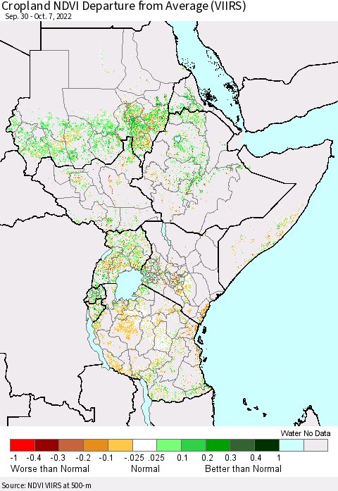 Eastern Africa Cropland NDVI Departure from Average (VIIRS) Thematic Map For 9/30/2022 - 10/7/2022