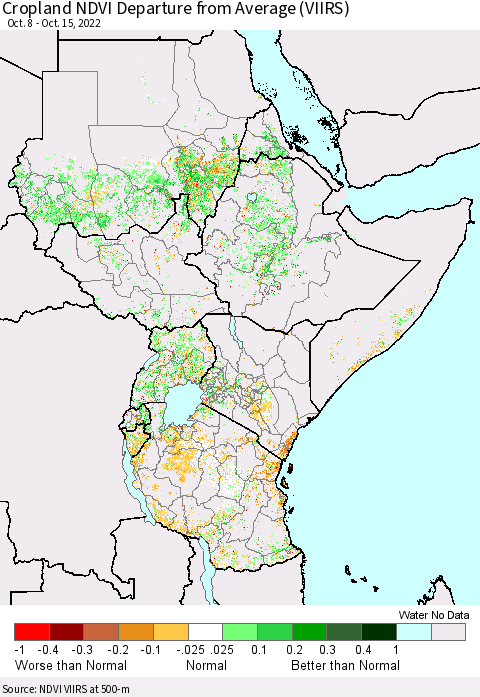 Eastern Africa Cropland NDVI Departure from Average (VIIRS) Thematic Map For 10/8/2022 - 10/15/2022