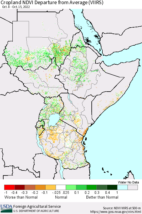 Eastern Africa Cropland NDVI Departure from Average (VIIRS) Thematic Map For 10/11/2022 - 10/20/2022