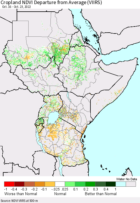 Eastern Africa Cropland NDVI Departure from Average (VIIRS) Thematic Map For 10/16/2022 - 10/23/2022