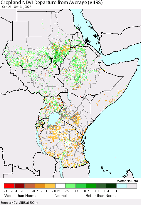 Eastern Africa Cropland NDVI Departure from Average (VIIRS) Thematic Map For 10/21/2022 - 10/31/2022