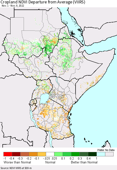 Eastern Africa Cropland NDVI Departure from Average (VIIRS) Thematic Map For 11/1/2022 - 11/8/2022