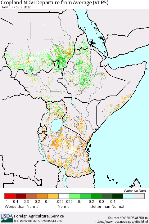 Eastern Africa Cropland NDVI Departure from Average (VIIRS) Thematic Map For 11/1/2022 - 11/10/2022