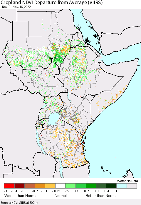 Eastern Africa Cropland NDVI Departure from Average (VIIRS) Thematic Map For 11/9/2022 - 11/16/2022