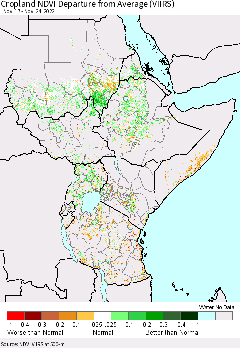 Eastern Africa Cropland NDVI Departure from Average (VIIRS) Thematic Map For 11/17/2022 - 11/24/2022