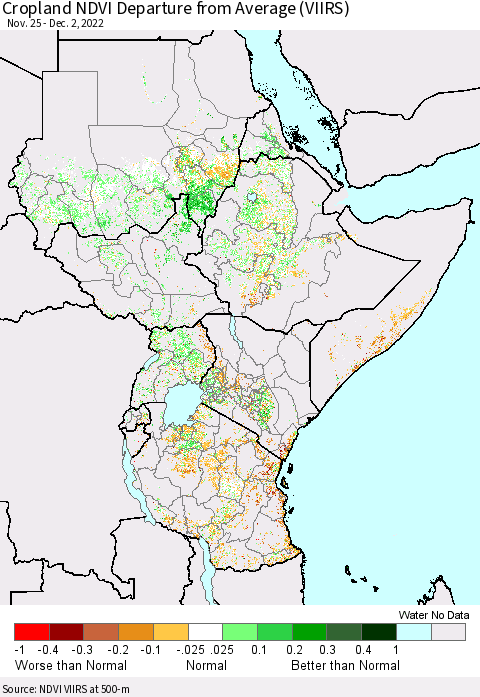 Eastern Africa Cropland NDVI Departure from Average (VIIRS) Thematic Map For 11/25/2022 - 12/2/2022