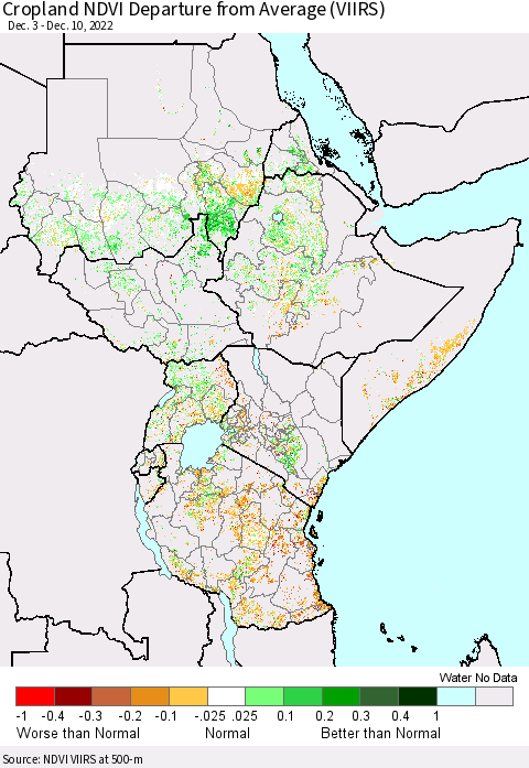 Eastern Africa Cropland NDVI Departure from Average (VIIRS) Thematic Map For 12/1/2022 - 12/10/2022