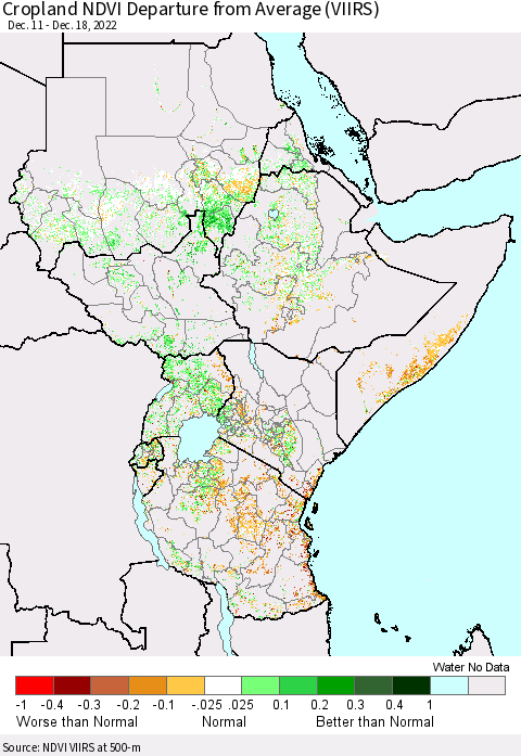 Eastern Africa Cropland NDVI Departure from Average (VIIRS) Thematic Map For 12/11/2022 - 12/18/2022