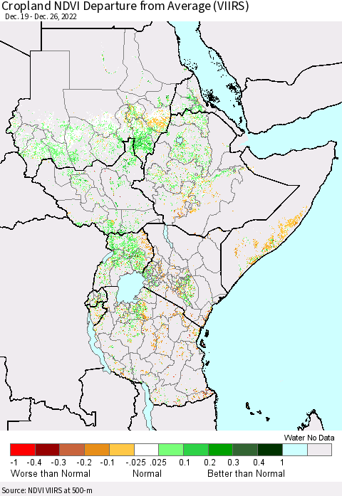 Eastern Africa Cropland NDVI Departure from Average (VIIRS) Thematic Map For 12/19/2022 - 12/26/2022
