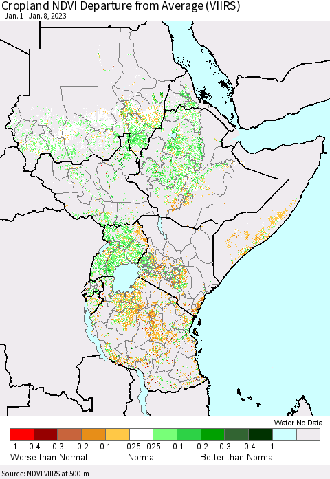 Eastern Africa Cropland NDVI Departure from Average (VIIRS) Thematic Map For 1/1/2023 - 1/8/2023