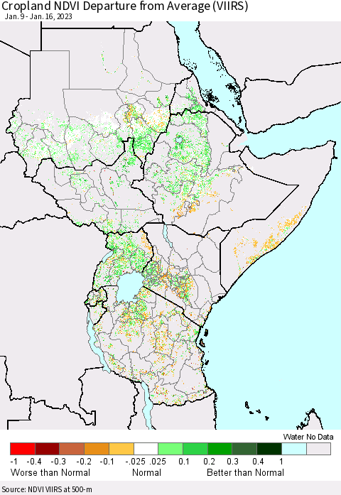 Eastern Africa Cropland NDVI Departure from Average (VIIRS) Thematic Map For 1/9/2023 - 1/16/2023