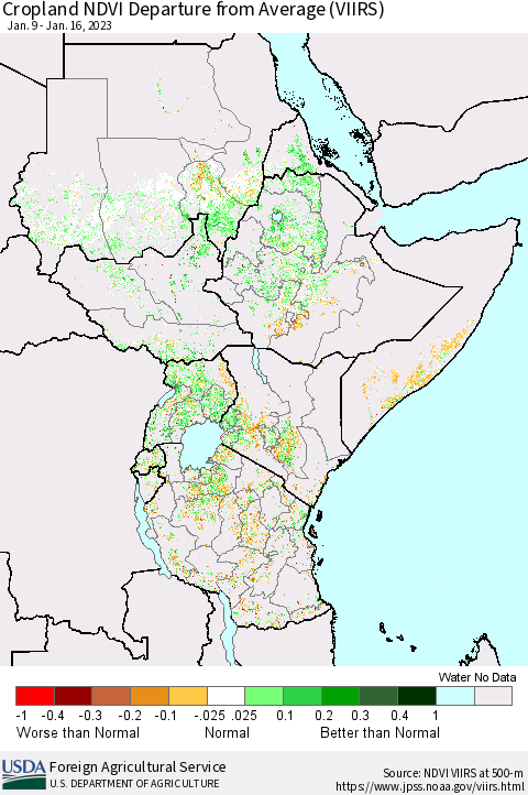 Eastern Africa Cropland NDVI Departure from Average (VIIRS) Thematic Map For 1/11/2023 - 1/20/2023