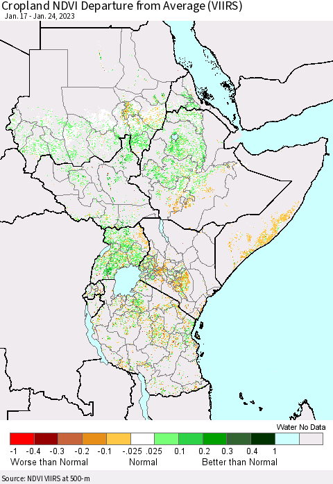 Eastern Africa Cropland NDVI Departure from Average (VIIRS) Thematic Map For 1/17/2023 - 1/24/2023