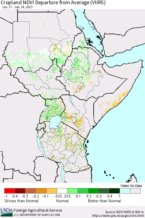 Eastern Africa Cropland NDVI Departure from Average (VIIRS) Thematic Map For 1/21/2023 - 1/31/2023