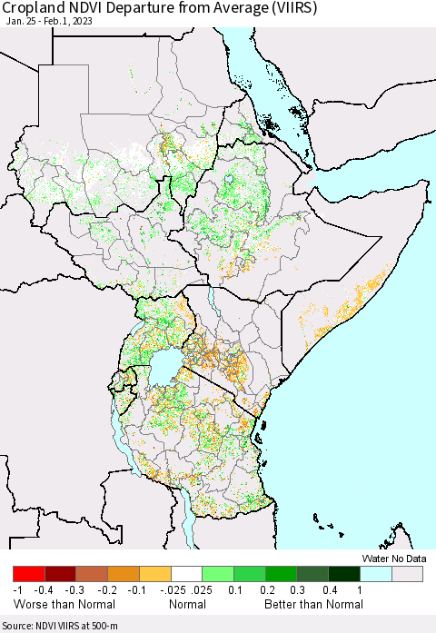 Eastern Africa Cropland NDVI Departure from Average (VIIRS) Thematic Map For 1/25/2023 - 2/1/2023