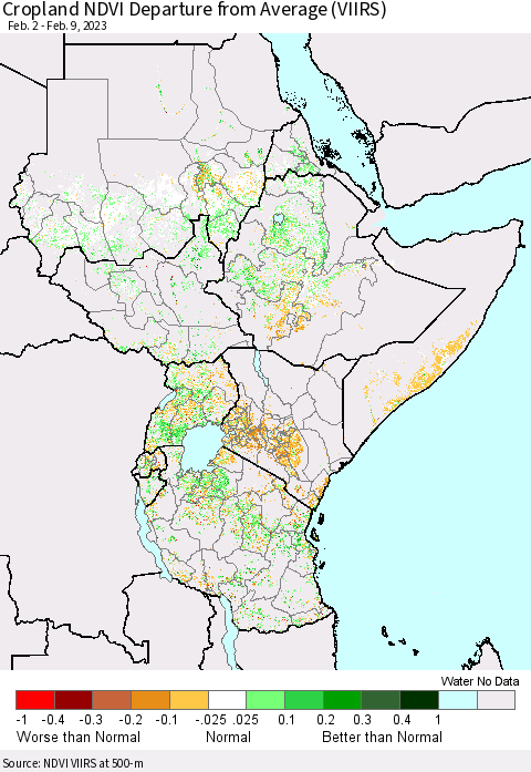 Eastern Africa Cropland NDVI Departure from Average (VIIRS) Thematic Map For 2/2/2023 - 2/9/2023