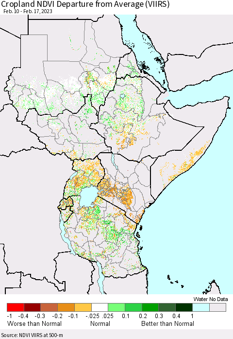 Eastern Africa Cropland NDVI Departure from Average (VIIRS) Thematic Map For 2/10/2023 - 2/17/2023