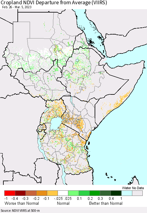 Eastern Africa Cropland NDVI Departure from Average (VIIRS) Thematic Map For 2/26/2023 - 3/5/2023