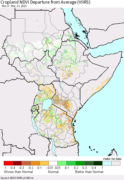 Eastern Africa Cropland NDVI Departure from Average (VIIRS) Thematic Map For 3/6/2023 - 3/13/2023