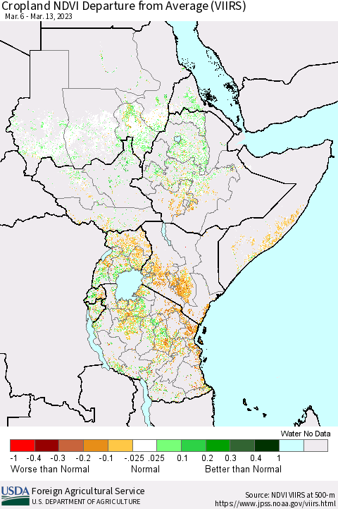 Eastern Africa Cropland NDVI Departure from Average (VIIRS) Thematic Map For 3/11/2023 - 3/20/2023