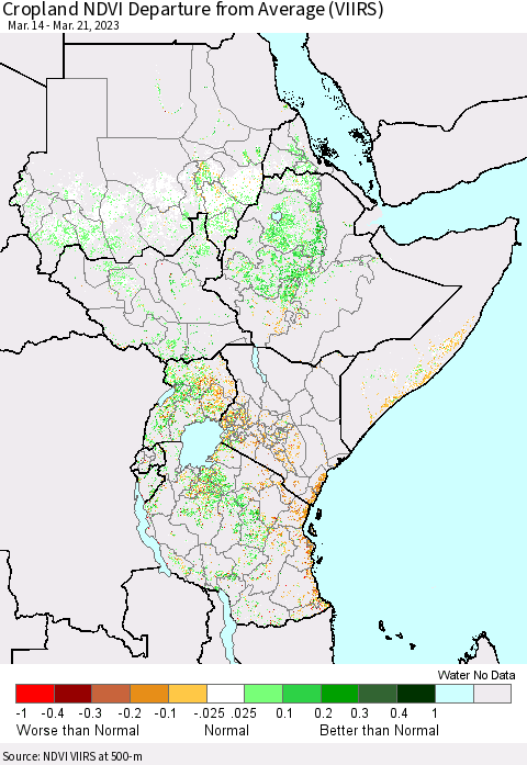 Eastern Africa Cropland NDVI Departure from Average (VIIRS) Thematic Map For 3/14/2023 - 3/21/2023