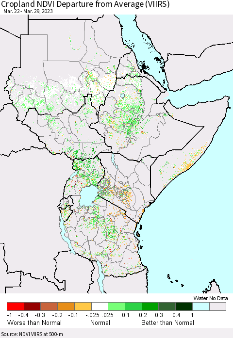 Eastern Africa Cropland NDVI Departure from Average (VIIRS) Thematic Map For 3/22/2023 - 3/29/2023