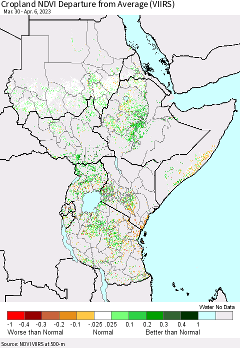 Eastern Africa Cropland NDVI Departure from Average (VIIRS) Thematic Map For 3/30/2023 - 4/6/2023
