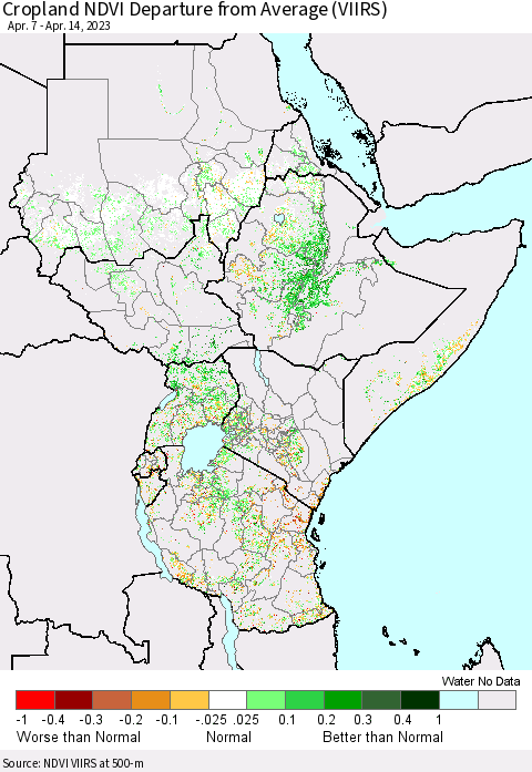 Eastern Africa Cropland NDVI Departure from Average (VIIRS) Thematic Map For 4/7/2023 - 4/14/2023