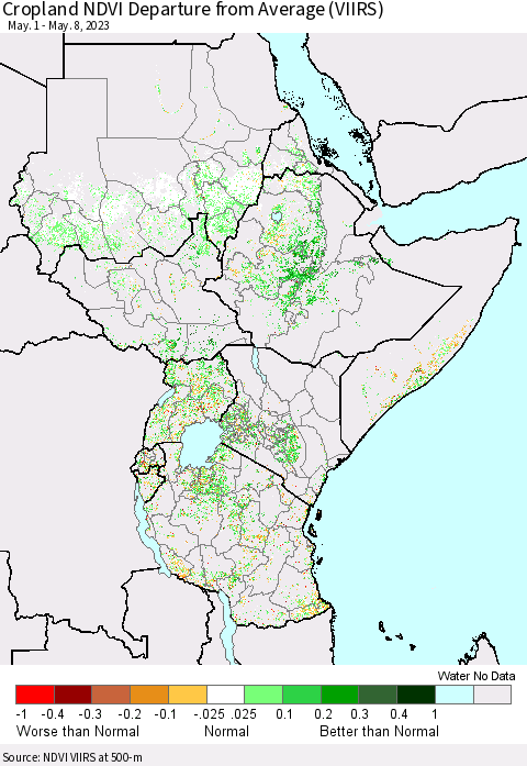 Eastern Africa Cropland NDVI Departure from Average (VIIRS) Thematic Map For 5/1/2023 - 5/8/2023