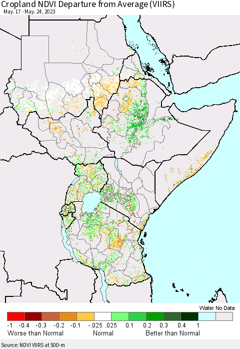 Eastern Africa Cropland NDVI Departure from Average (VIIRS) Thematic Map For 5/17/2023 - 5/24/2023