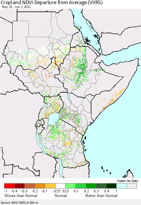 Eastern Africa Cropland NDVI Departure from Average (VIIRS) Thematic Map For 5/25/2023 - 6/1/2023