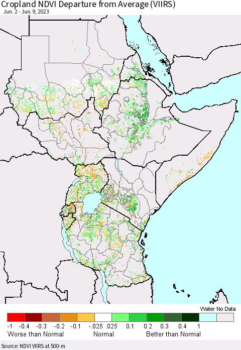Eastern Africa Cropland NDVI Departure from Average (VIIRS) Thematic Map For 6/2/2023 - 6/9/2023