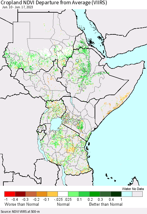 Eastern Africa Cropland NDVI Departure from Average (VIIRS) Thematic Map For 6/10/2023 - 6/17/2023