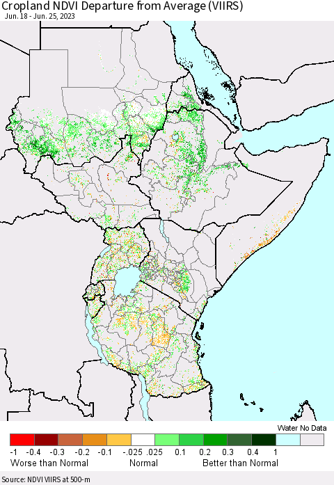 Eastern Africa Cropland NDVI Departure from Average (VIIRS) Thematic Map For 6/18/2023 - 6/25/2023