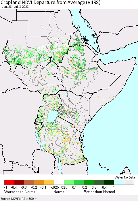 Eastern Africa Cropland NDVI Departure from Average (VIIRS) Thematic Map For 6/26/2023 - 7/3/2023