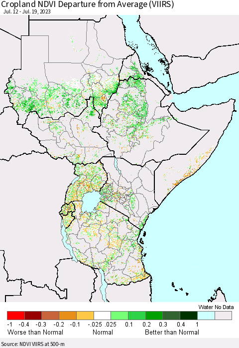 Eastern Africa Cropland NDVI Departure from Average (VIIRS) Thematic Map For 7/12/2023 - 7/19/2023