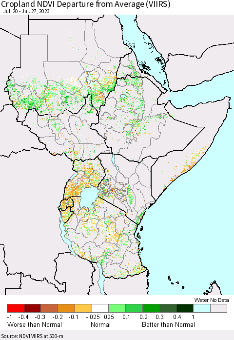 Eastern Africa Cropland NDVI Departure from Average (VIIRS) Thematic Map For 7/20/2023 - 7/27/2023
