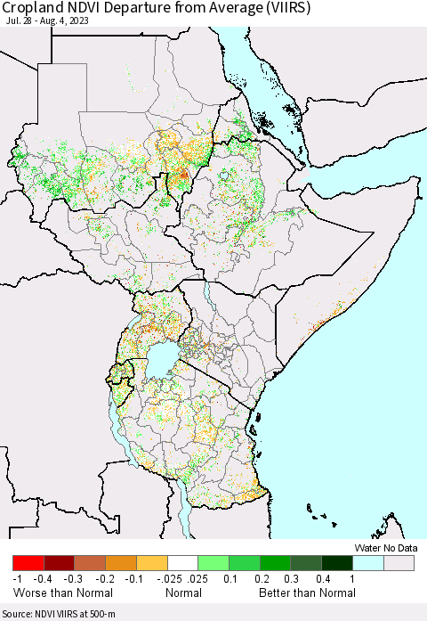 Eastern Africa Cropland NDVI Departure from Average (VIIRS) Thematic Map For 7/28/2023 - 8/4/2023