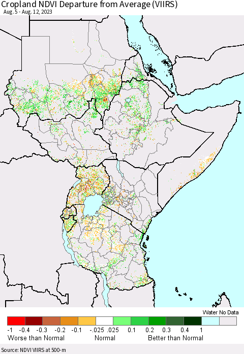 Eastern Africa Cropland NDVI Departure from Average (VIIRS) Thematic Map For 8/5/2023 - 8/12/2023
