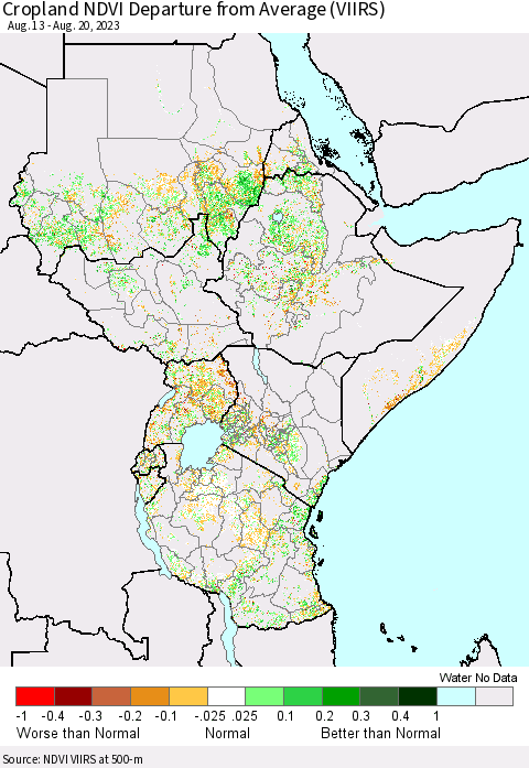 Eastern Africa Cropland NDVI Departure from Average (VIIRS) Thematic Map For 8/13/2023 - 8/20/2023