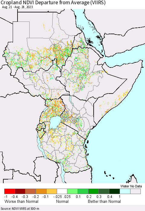 Eastern Africa Cropland NDVI Departure from Average (VIIRS) Thematic Map For 8/21/2023 - 8/28/2023