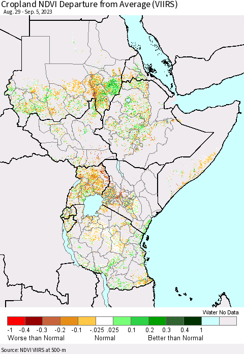 Eastern Africa Cropland NDVI Departure from Average (VIIRS) Thematic Map For 8/29/2023 - 9/5/2023