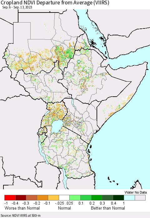 Eastern Africa Cropland NDVI Departure from Average (VIIRS) Thematic Map For 9/6/2023 - 9/13/2023