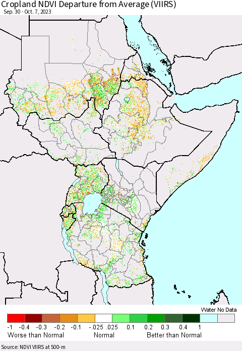 Eastern Africa Cropland NDVI Departure from Average (VIIRS) Thematic Map For 9/30/2023 - 10/7/2023