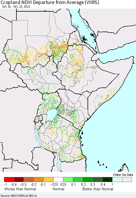 Eastern Africa Cropland NDVI Departure from Average (VIIRS) Thematic Map For 10/16/2023 - 10/23/2023