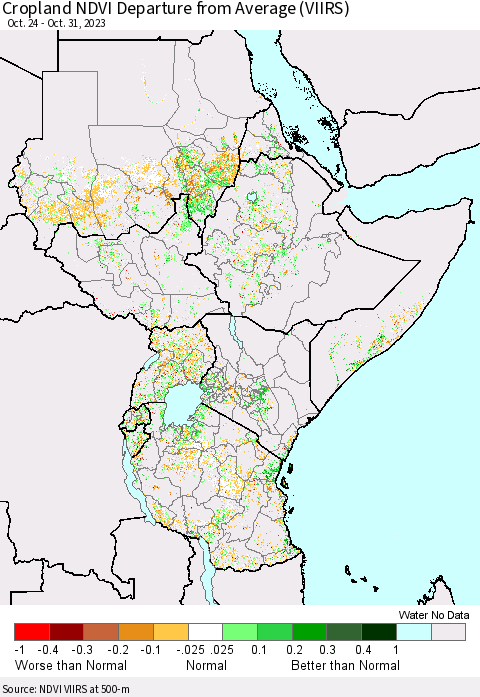 Eastern Africa Cropland NDVI Departure from Average (VIIRS) Thematic Map For 10/24/2023 - 10/31/2023