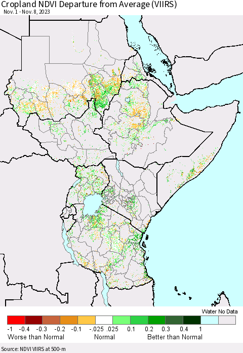 Eastern Africa Cropland NDVI Departure from Average (VIIRS) Thematic Map For 11/1/2023 - 11/8/2023