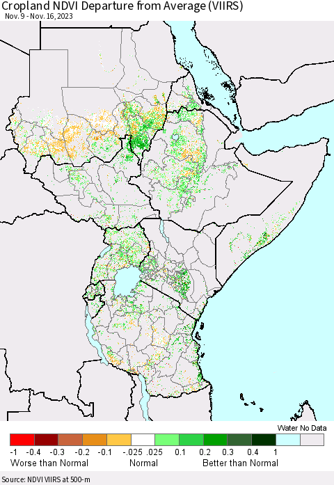 Eastern Africa Cropland NDVI Departure from Average (VIIRS) Thematic Map For 11/9/2023 - 11/16/2023
