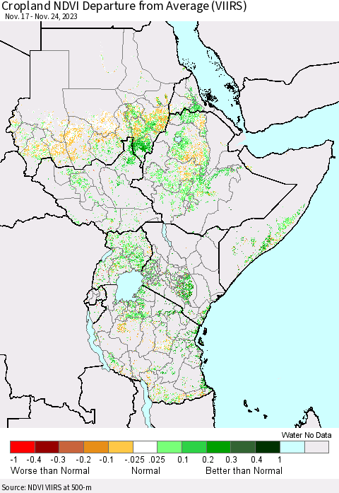 Eastern Africa Cropland NDVI Departure from Average (VIIRS) Thematic Map For 11/17/2023 - 11/24/2023